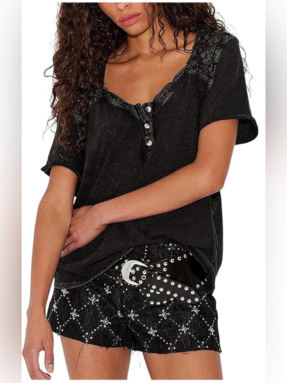 NWT Black Short Sleeve Henley Top with Lace Trim-S